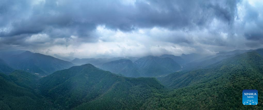 View of Liupanshan National Forest Park shrouded in clouds in Ningxia, NW China