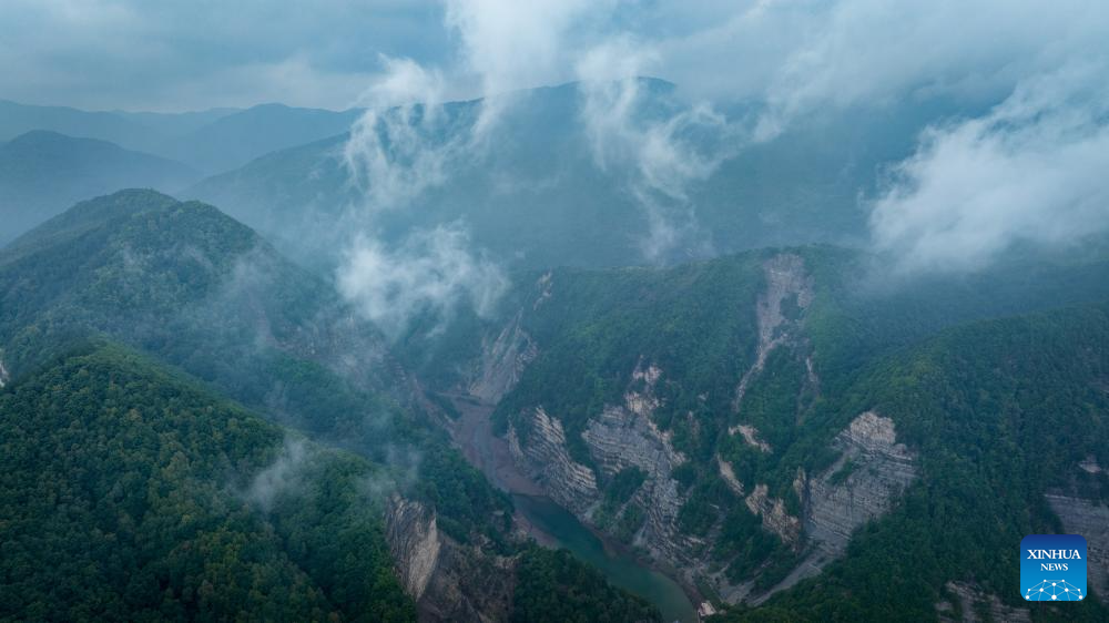 View of Liupanshan National Forest Park shrouded in clouds in Ningxia, NW China