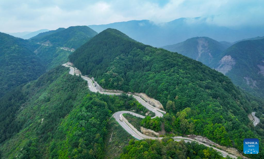 View of Liupanshan National Forest Park shrouded in clouds in Ningxia, NW China