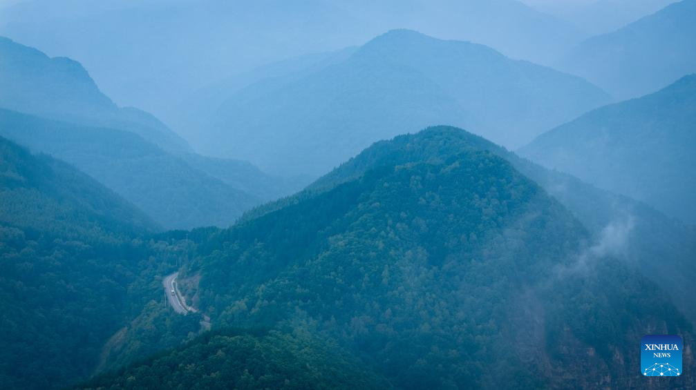 View of Liupanshan National Forest Park shrouded in clouds in Ningxia, NW China