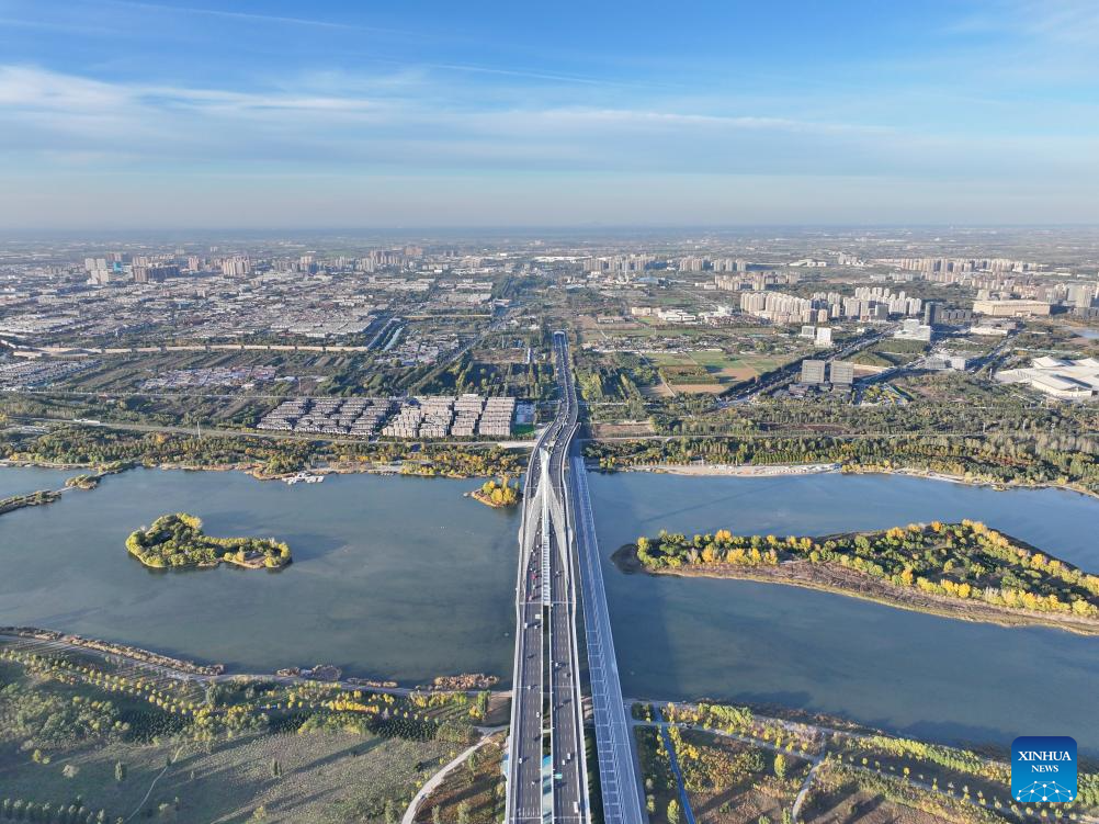 Aerial view of middle route of China's South-to-North Water Diversion Project in Hebei