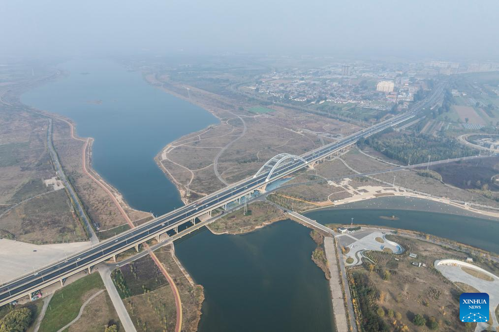 Aerial view of middle route of China's South-to-North Water Diversion Project in Hebei