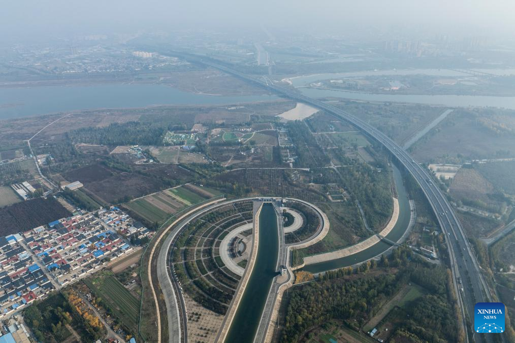 Aerial view of middle route of China's South-to-North Water Diversion Project in Hebei