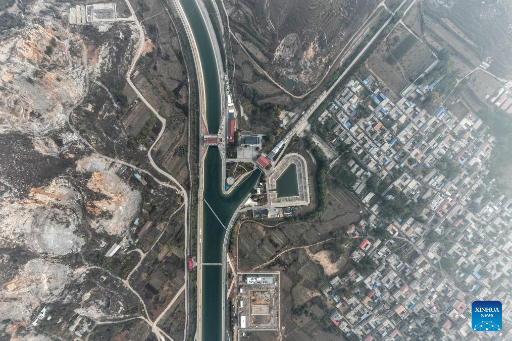 Aerial view of middle route of China's South-to-North Water Diversion Project in Hebei