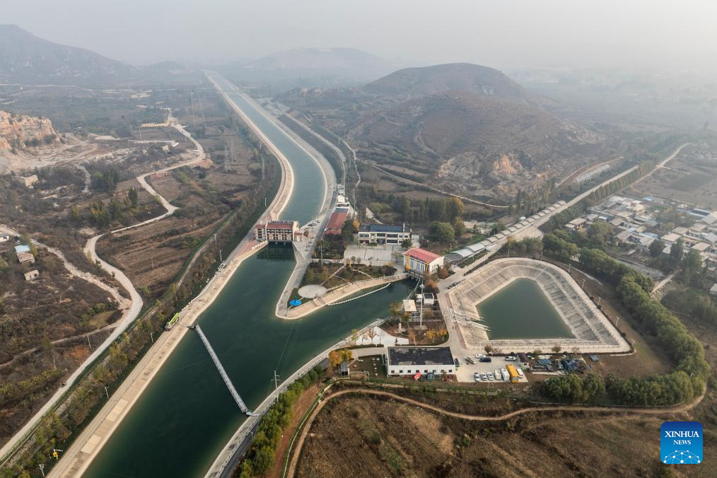 Aerial view of middle route of China's South-to-North Water Diversion Project in Hebei