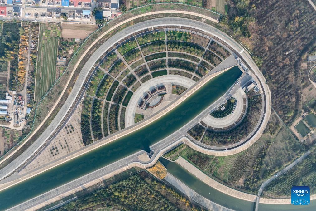 Aerial view of middle route of China's South-to-North Water Diversion Project in Hebei