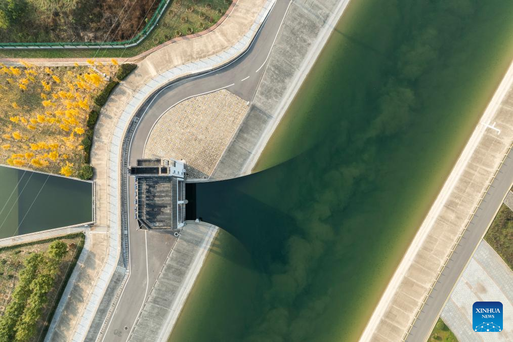 Aerial view of middle route of China's South-to-North Water Diversion Project in Hebei