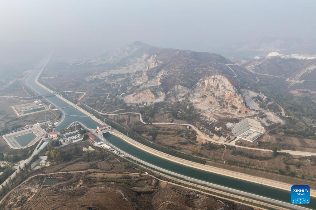 Aerial view of middle route of China's South-to-North Water Diversion Project in Hebei