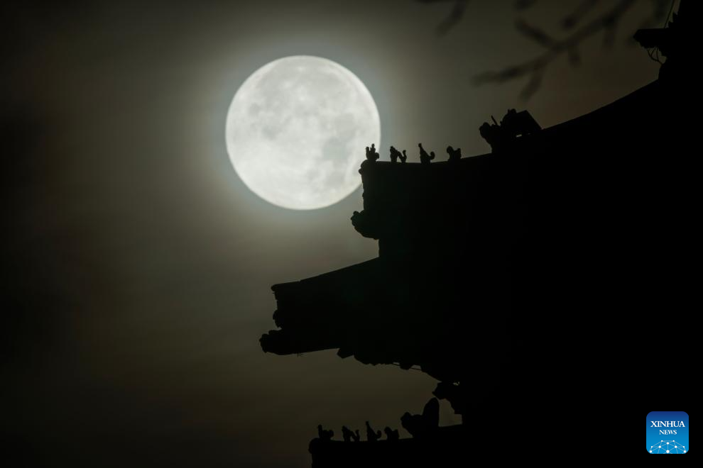 Full moon hangs over sky in NE China's Qiqihar