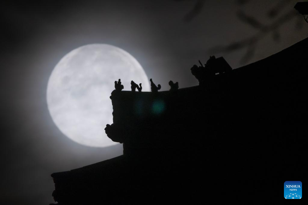 Full moon hangs over sky in NE China's Qiqihar