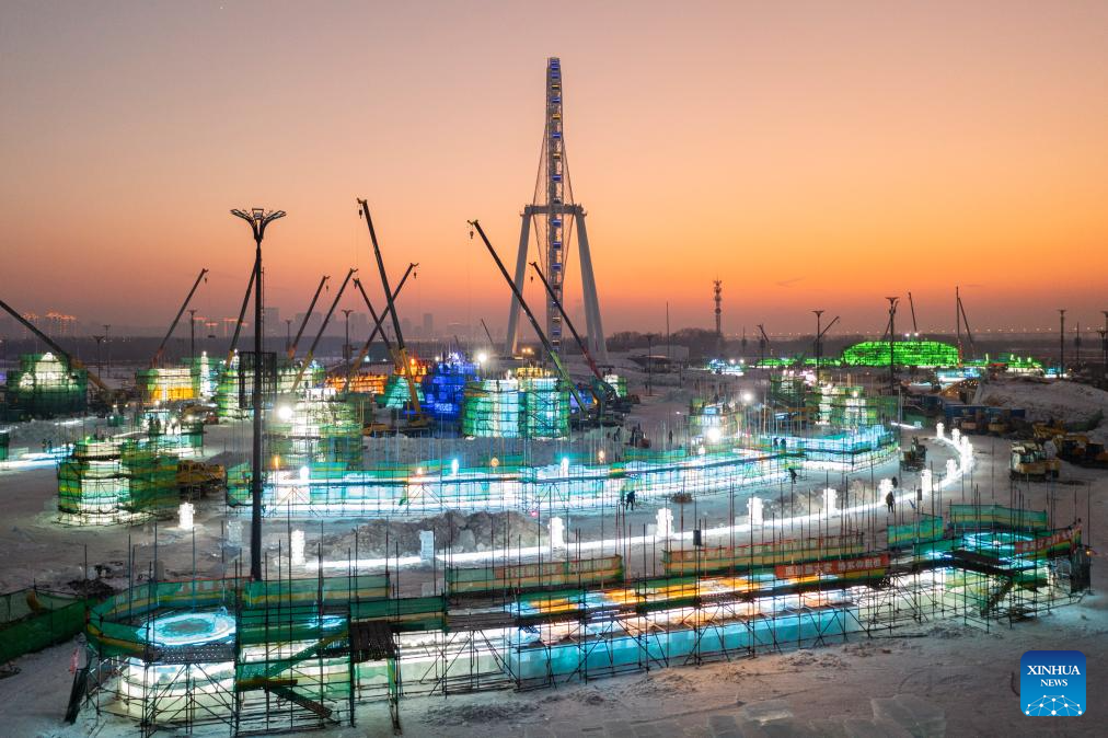 Harbin Ice-Snow World under construction in Heilongjiang, NE China