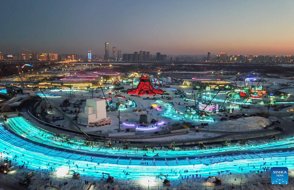 Harbin Ice-Snow World under construction in Heilongjiang, NE China