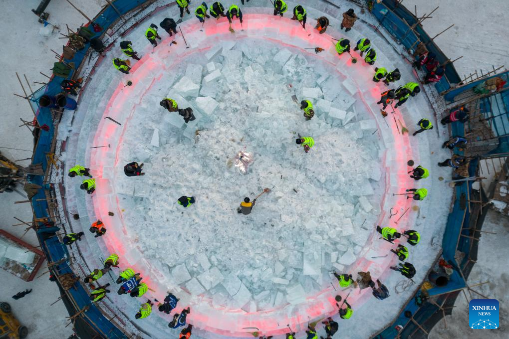 Harbin Ice-Snow World under construction in Heilongjiang, NE China