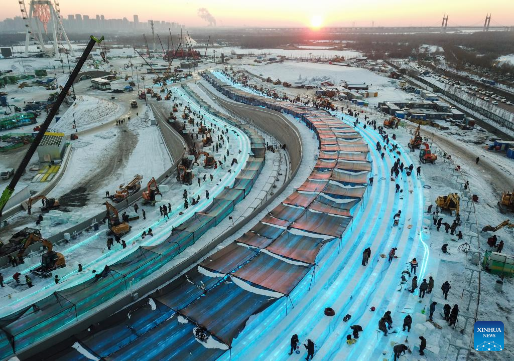 Harbin Ice-Snow World under construction in Heilongjiang, NE China