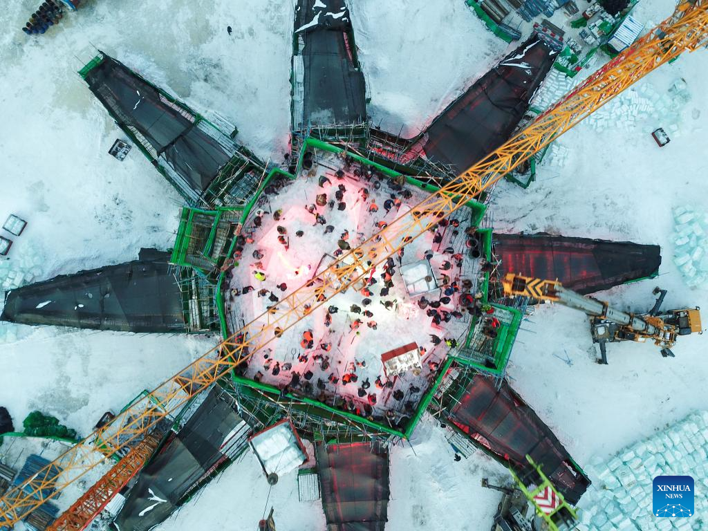 Harbin Ice-Snow World under construction in Heilongjiang, NE China