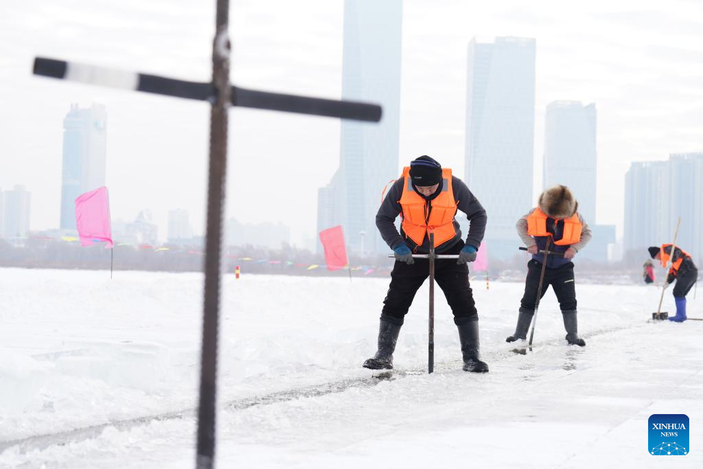 Harbin Ice-Snow World under construction in Heilongjiang, NE China