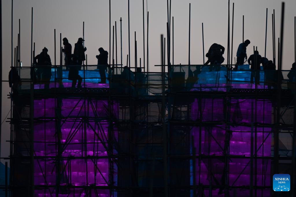 Harbin Ice-Snow World under construction in Heilongjiang, NE China