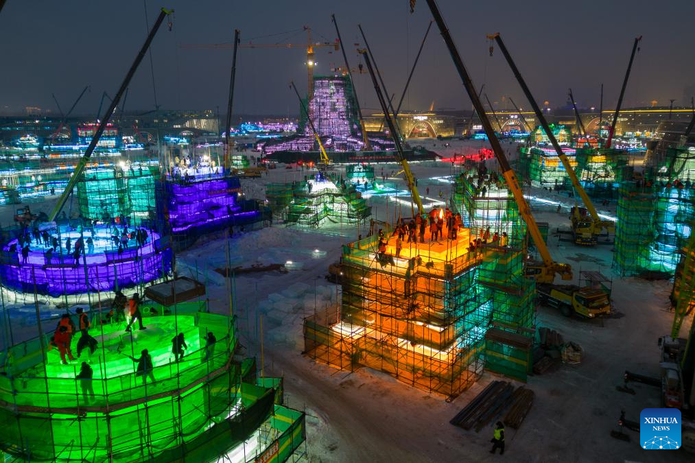 Harbin Ice-Snow World under construction in Heilongjiang, NE China