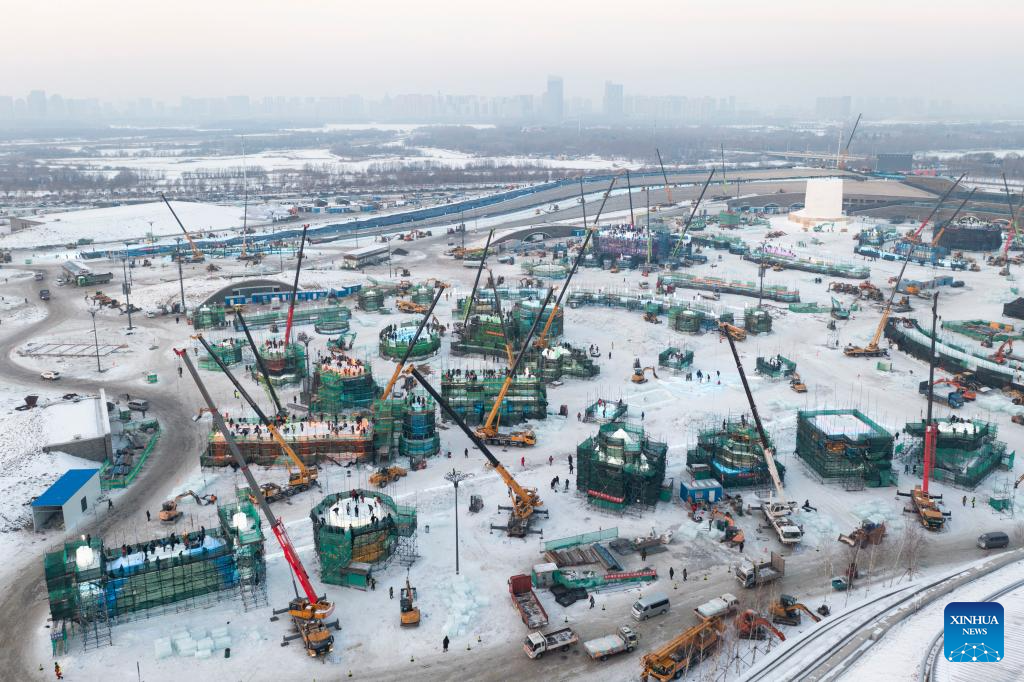 Harbin Ice-Snow World under construction in Heilongjiang, NE China