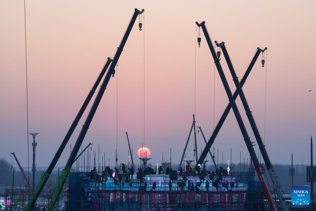 Harbin Ice-Snow World under construction in Heilongjiang, NE China