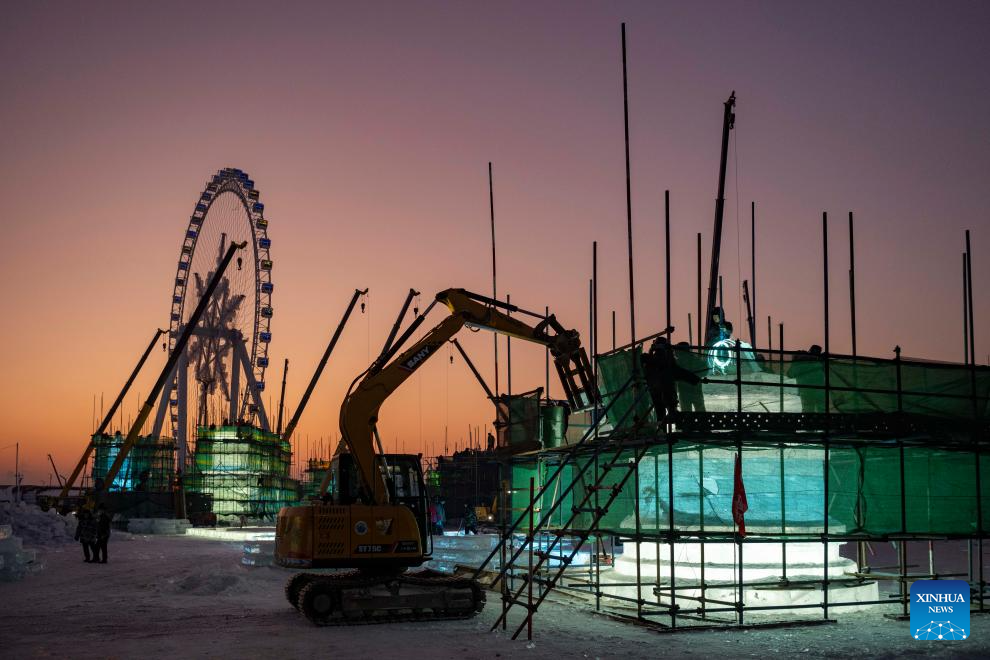 Harbin Ice-Snow World under construction in Heilongjiang, NE China