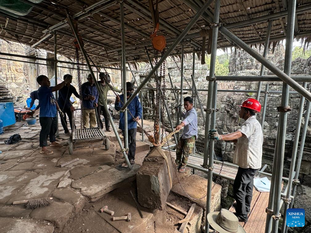 Restoration work on Bayon Temple's terrace in Cambodia's Angkor Park completed