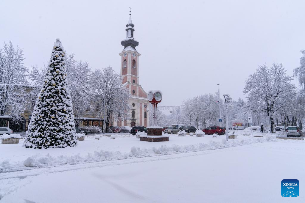 View of snow-covered Otocac, Croatia