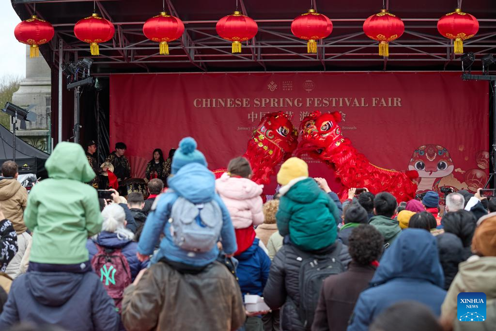 People visit temple fair in celebration of upcoming Spring Festival in Brussels, Belgium