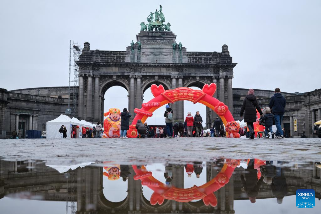 People visit temple fair in celebration of upcoming Spring Festival in Brussels, Belgium