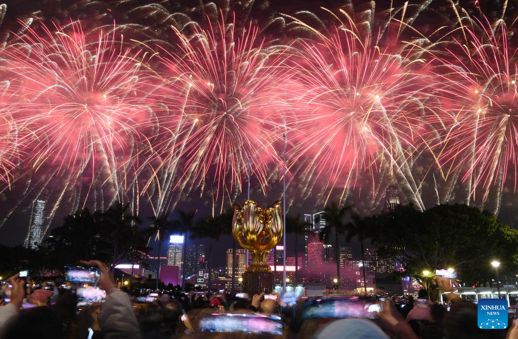 Fireworks set off to celebrate Spring Festival in Hong Kong