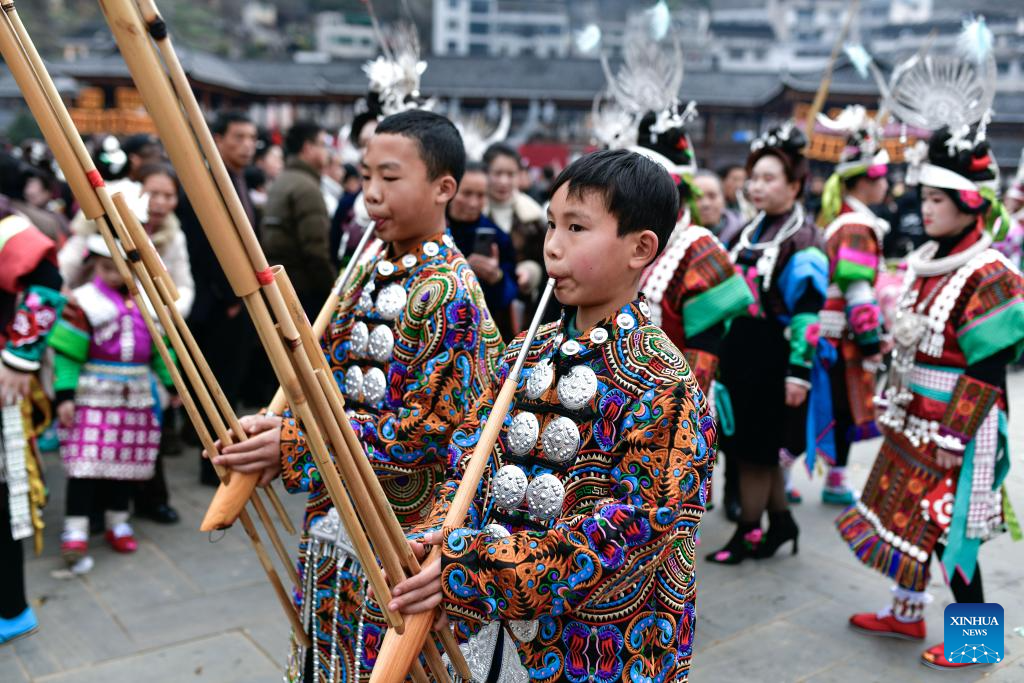 Miao ethnic group celebrate Gannangxiang festival in SW China's Guizhou