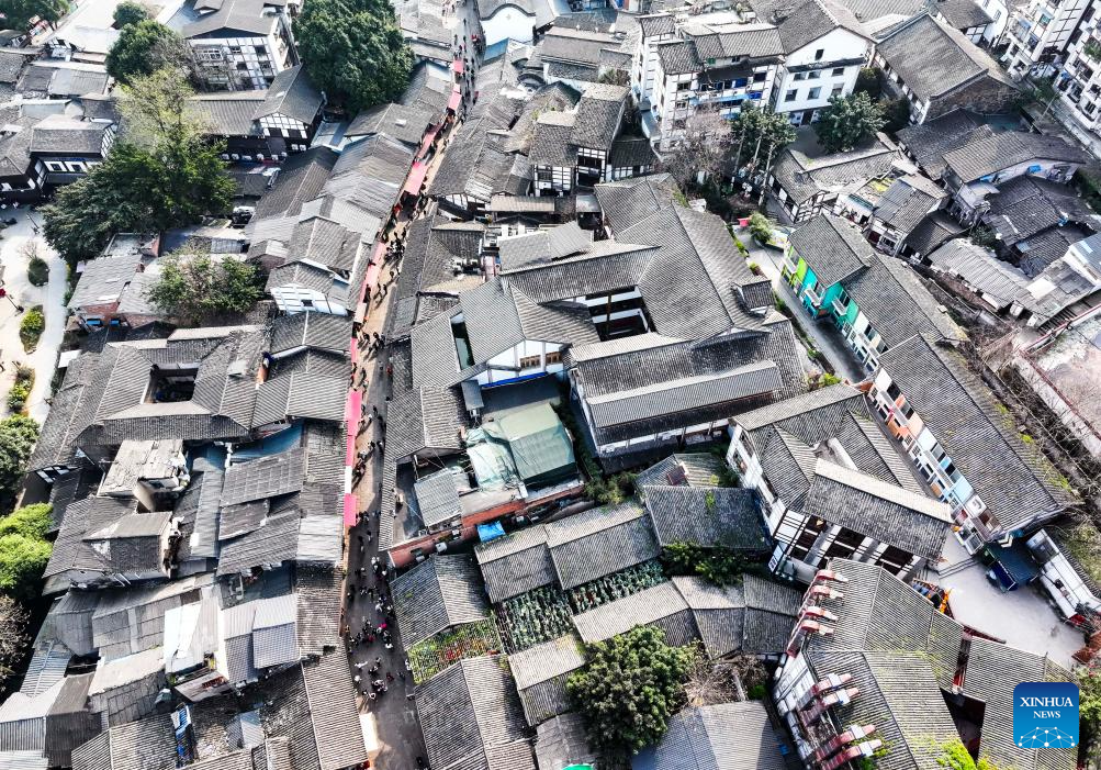 Aerial view of Ciqikou ancient town in China's Chongqing