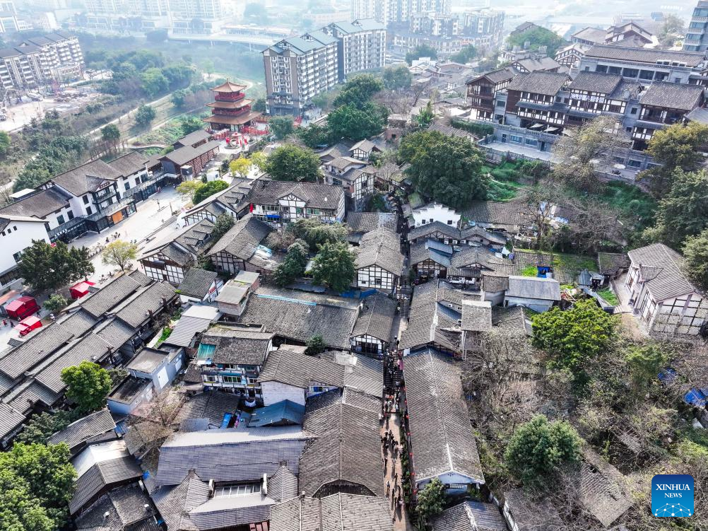 Aerial view of Ciqikou ancient town in China's Chongqing