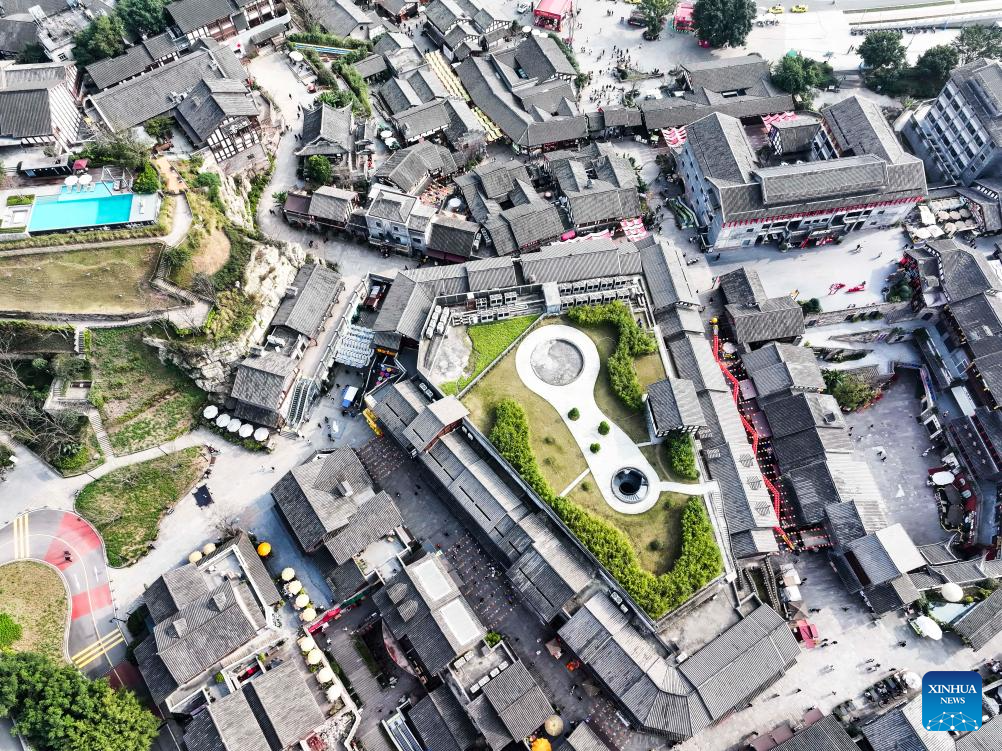 Aerial view of Ciqikou ancient town in China's Chongqing