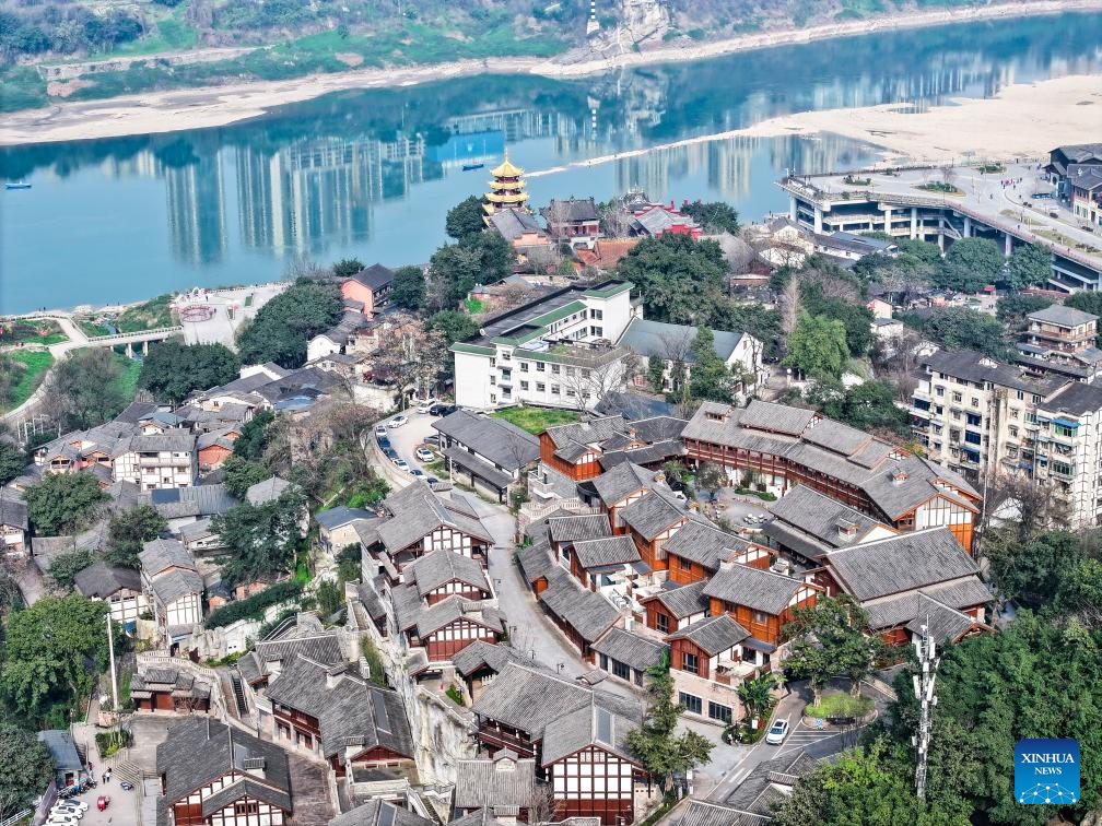 Aerial view of Ciqikou ancient town in China's Chongqing