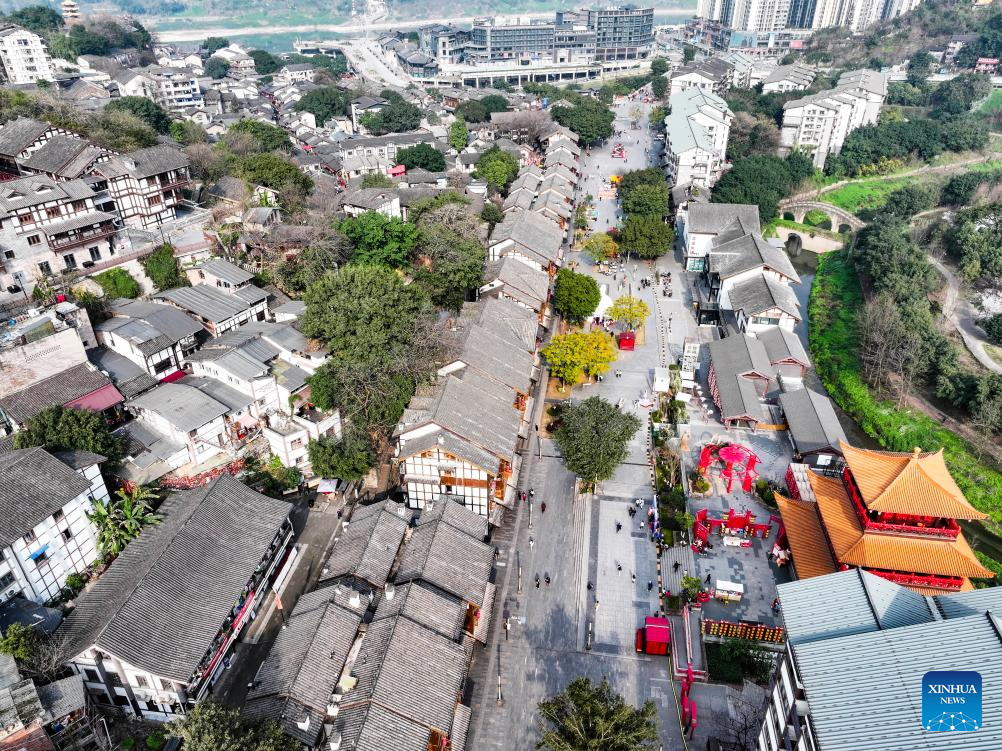 Aerial view of Ciqikou ancient town in China's Chongqing