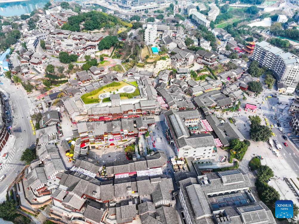 Aerial view of Ciqikou ancient town in China's Chongqing