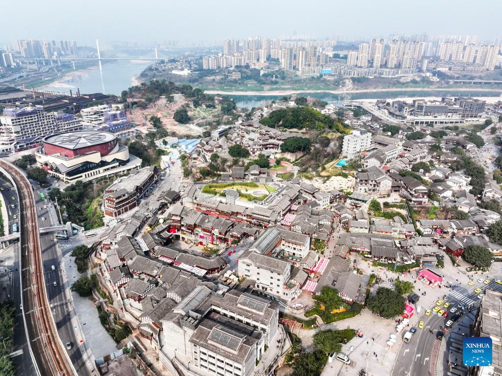 Aerial view of Ciqikou ancient town in China's Chongqing