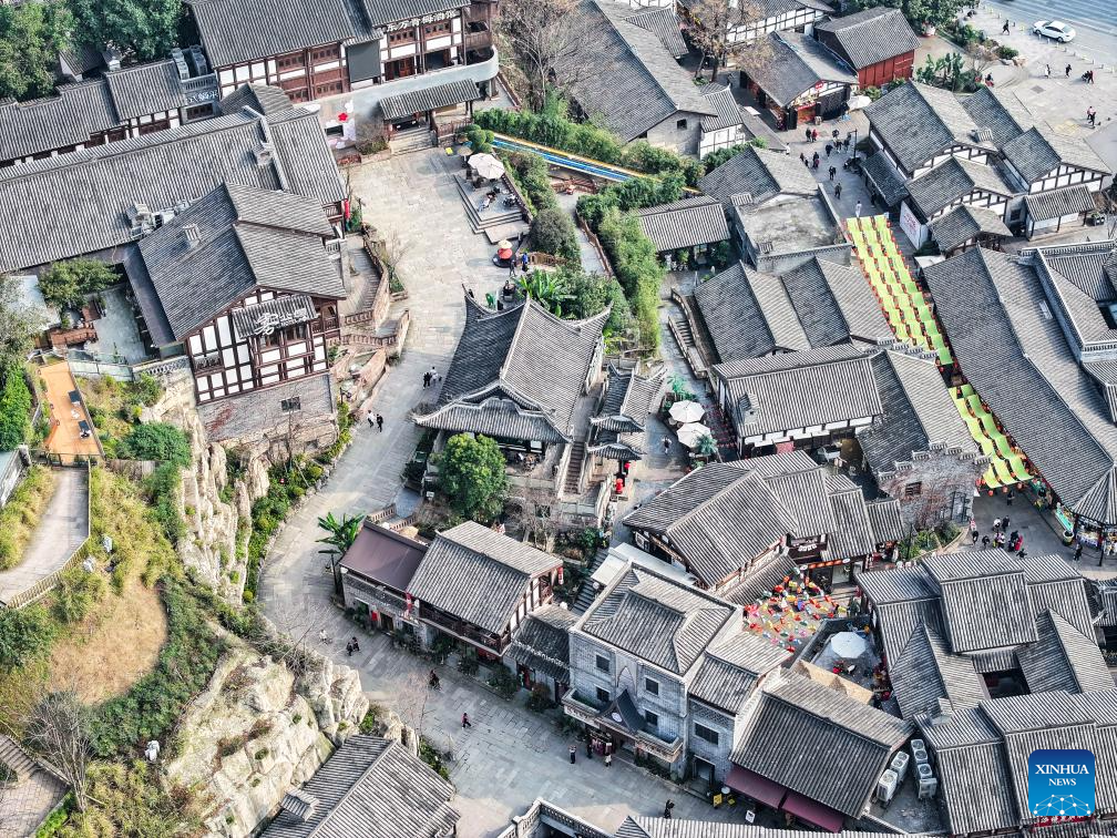 Aerial view of Ciqikou ancient town in China's Chongqing