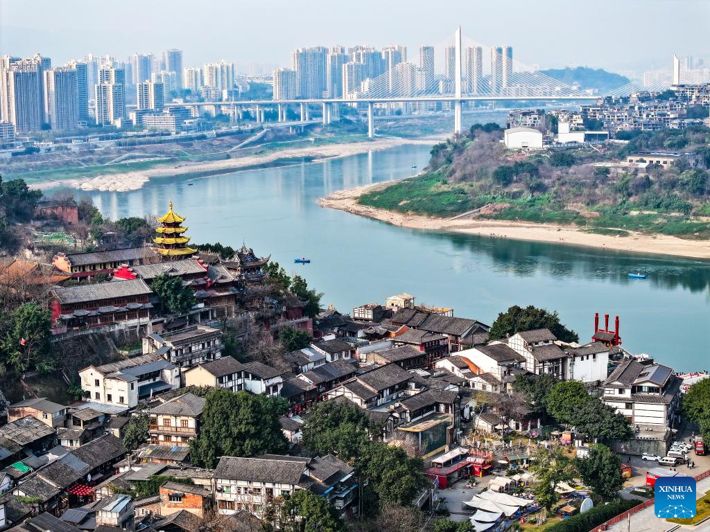 Aerial view of Ciqikou ancient town in China's Chongqing