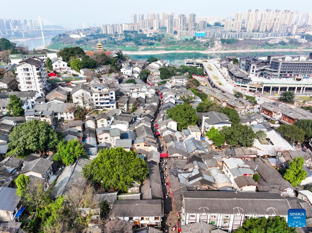 Aerial view of Ciqikou ancient town in China's Chongqing