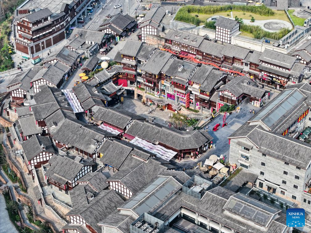 Aerial view of Ciqikou ancient town in China's Chongqing