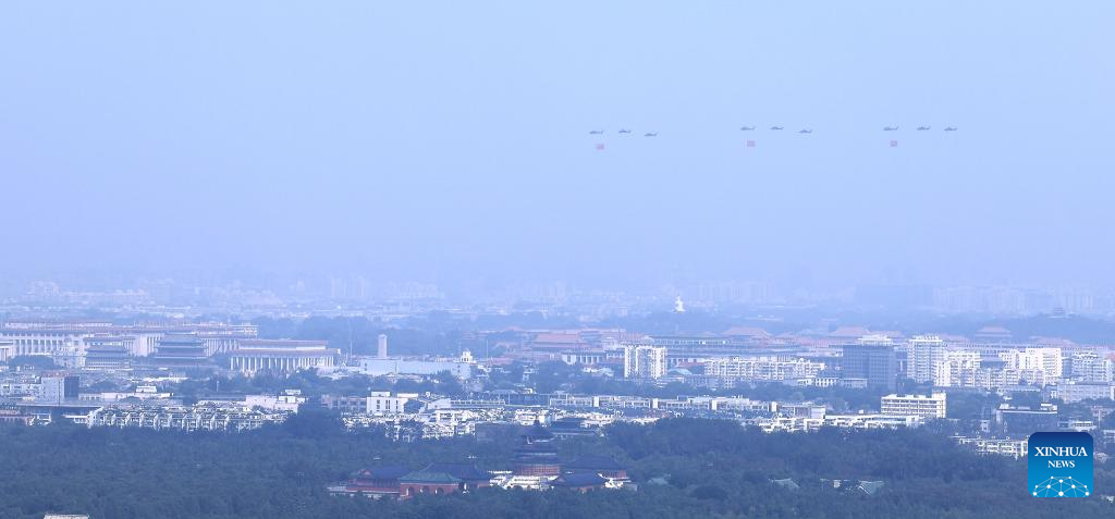 March-past of China's V-Day parade begins with flag-guarding echelon flying over Tian'anmen Square