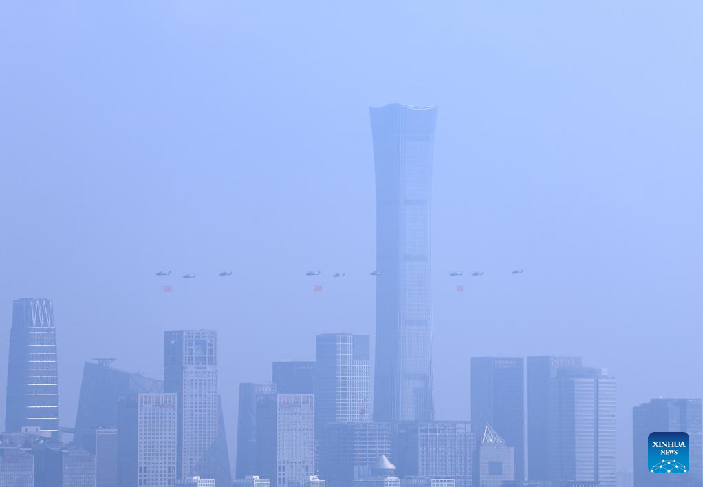 March-past of China's V-Day parade begins with flag-guarding echelon flying over Tian'anmen Square