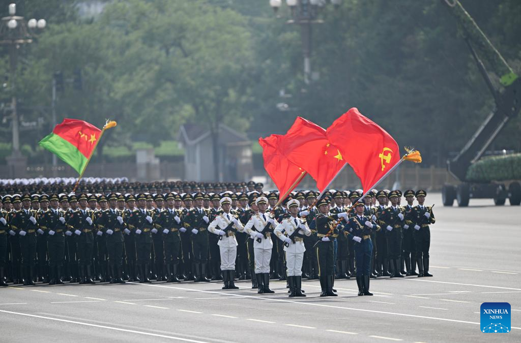 PLA guards of honor formation marches through Tian'anmen Square