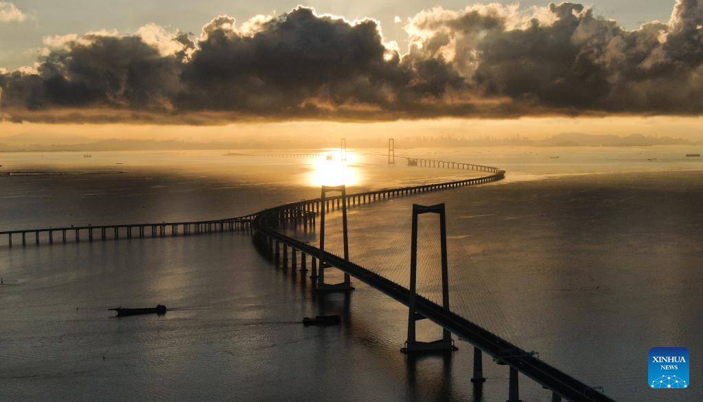 Scenery of Shenzhen-Zhongshan link at sunrise in south China's Guangdong