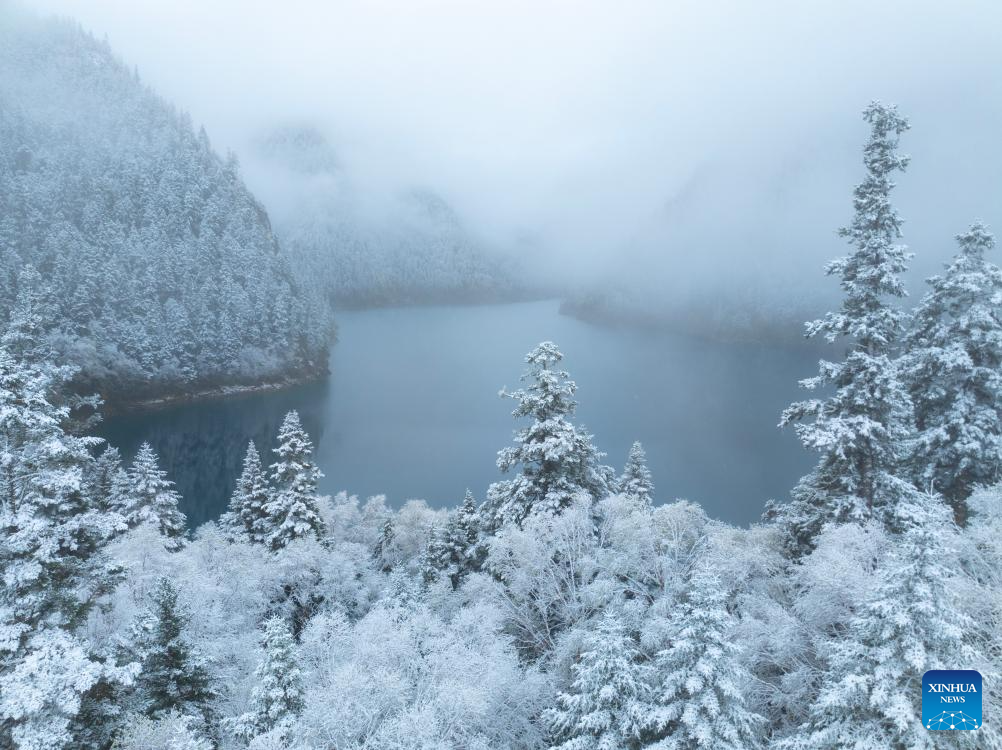 Aerial view of Jiuzhaigou scenic spot after snow