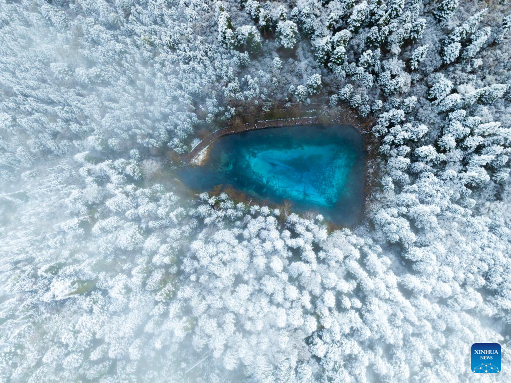 Aerial view of Jiuzhaigou scenic spot after snow