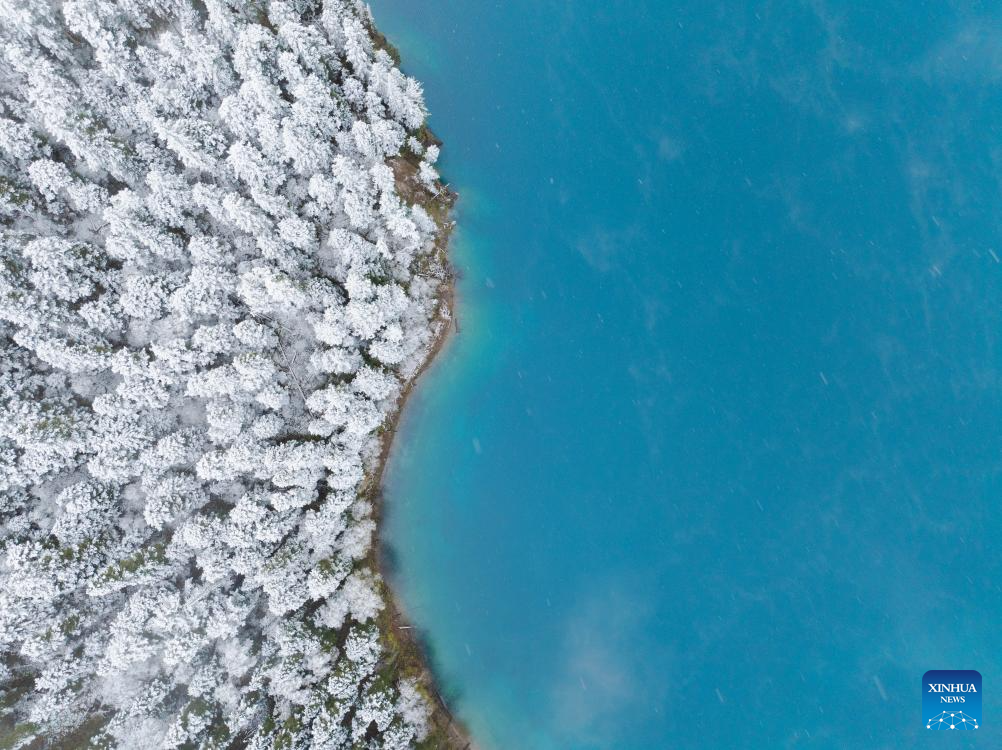 Aerial view of Jiuzhaigou scenic spot after snow