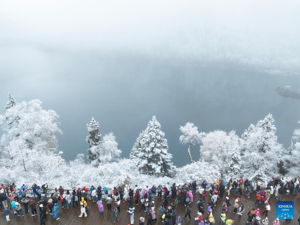 Aerial view of Jiuzhaigou scenic spot after snow